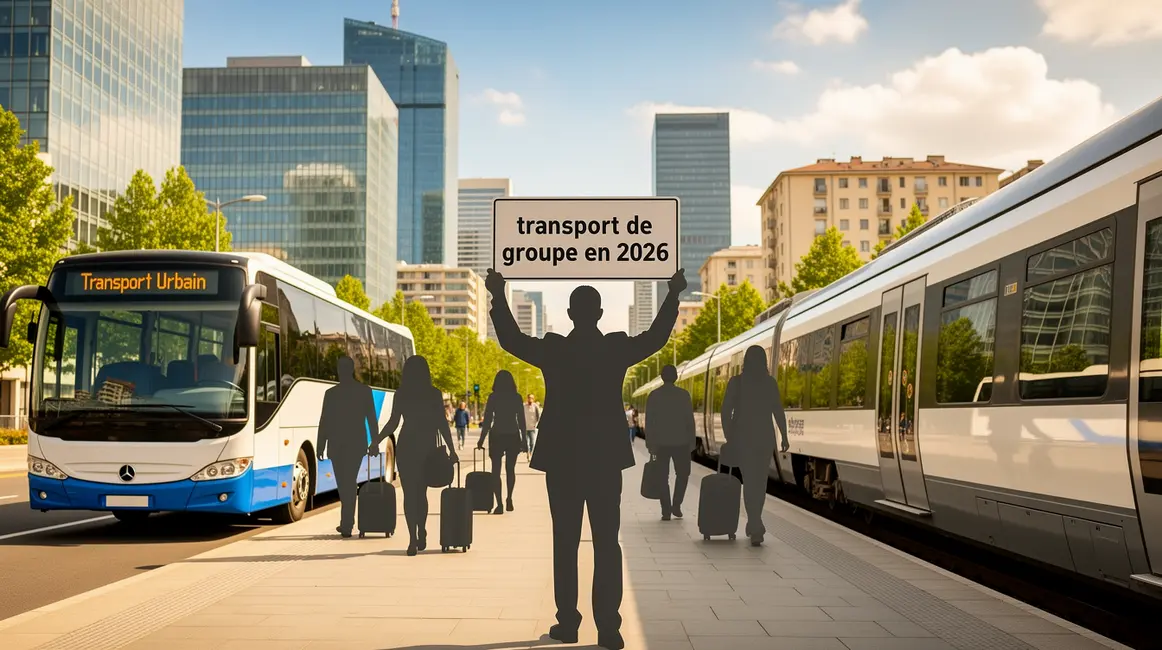 autocar train silhouettes bagages ville moderne transport de groupe 2026