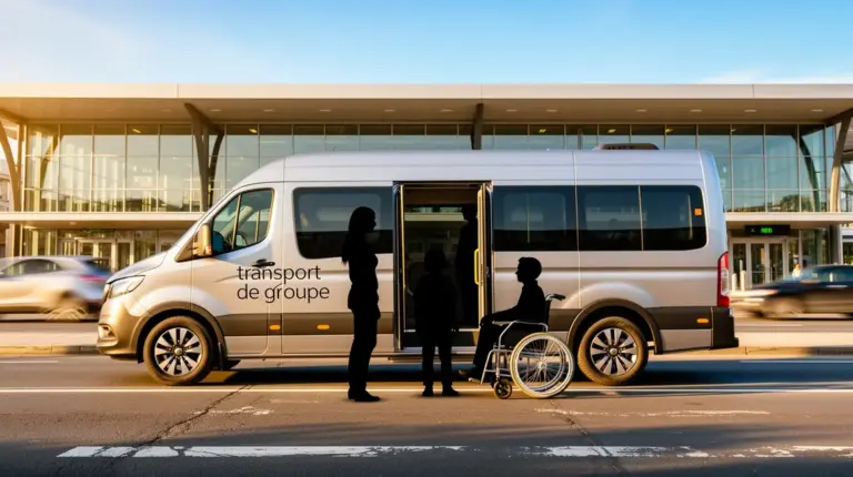 scène minibus transport de groupe devant gare