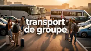 transport de groupe avec différents véhicules sur parking urbain