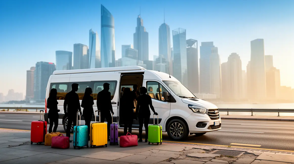 groupe monte dans un minibus devant une ville