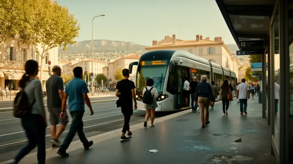 Transport de groupe à Aix Marseille, bus électrique, train, silhouettes urbaines