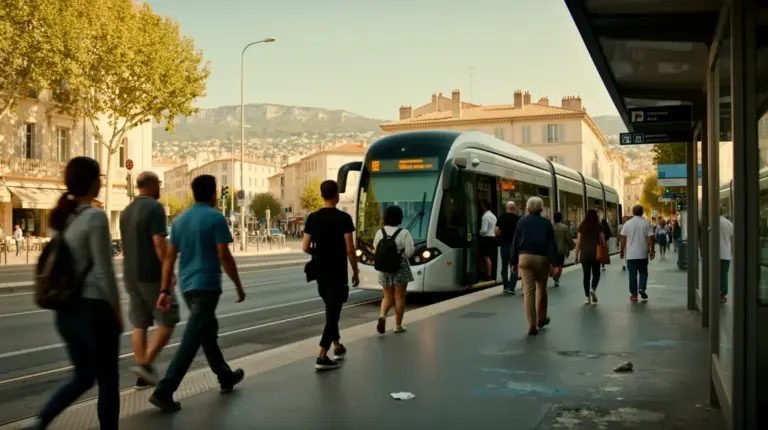 Transport de groupe à Aix Marseille, bus électrique, train, silhouettes urbaines
