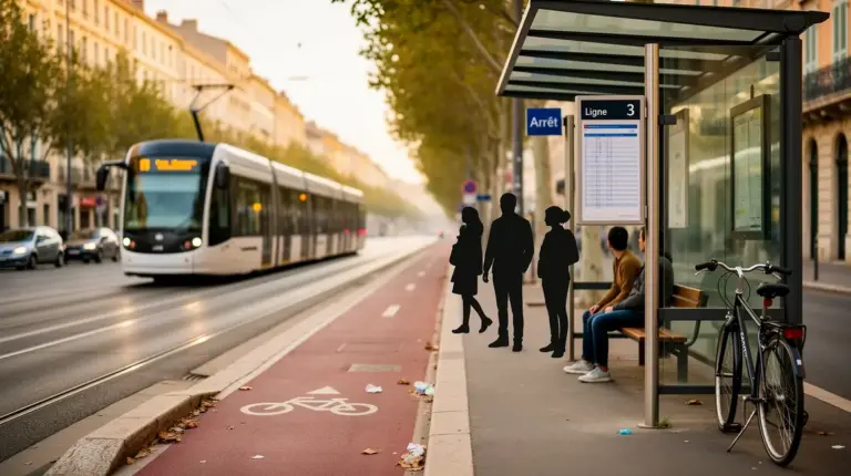 Scène transport local Aix-Marseille avec arrêt bus tram vélo optimisation temps