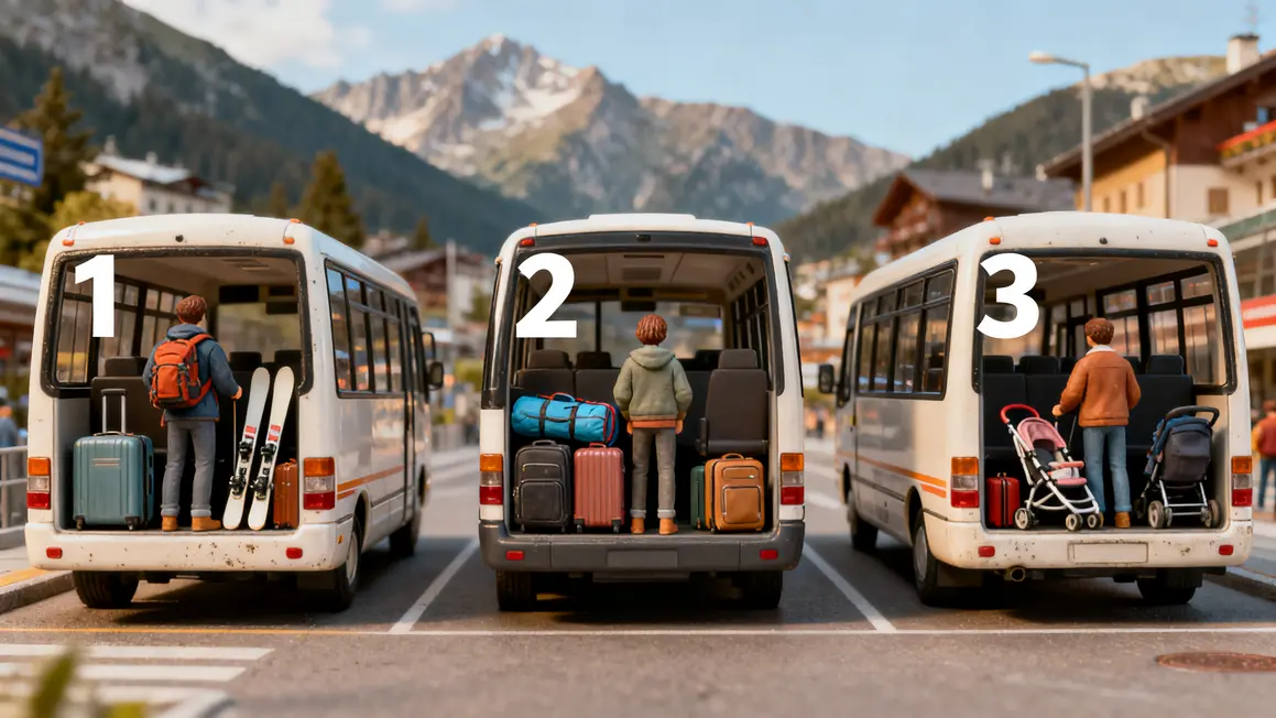 Trois navettes et bagages valises skis poussettes