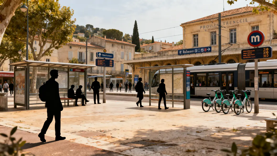 Place centrale et arrêts transports Provence sans voiture