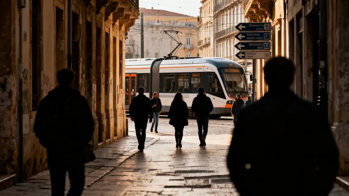 Rue piétonne Provence sans voiture, voyageurs, bus et train