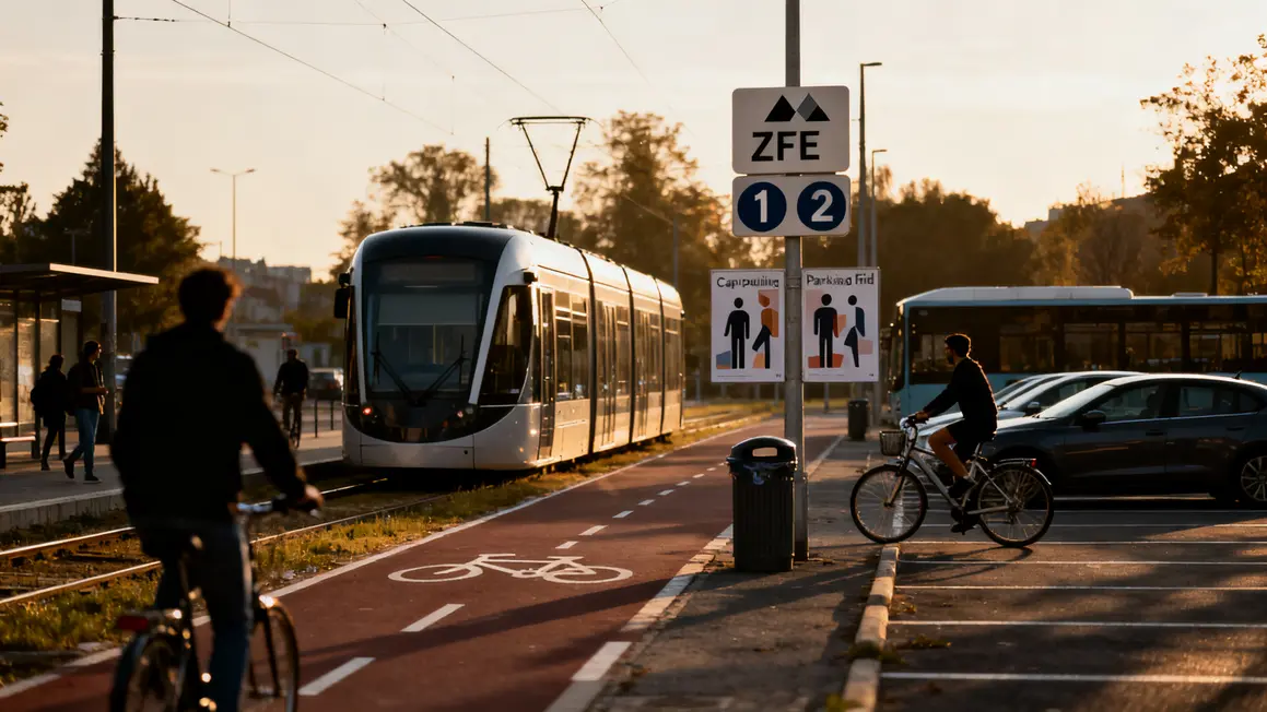 Scène urbaine ZFE Provence bus tram vélo parking relais