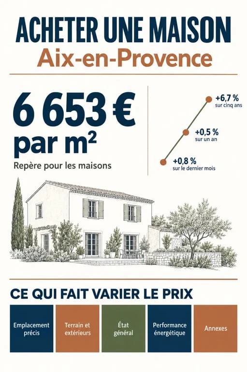Infographie sur l’achat d’une maison à Aix-en-Provence et les facteurs de prix immobilier