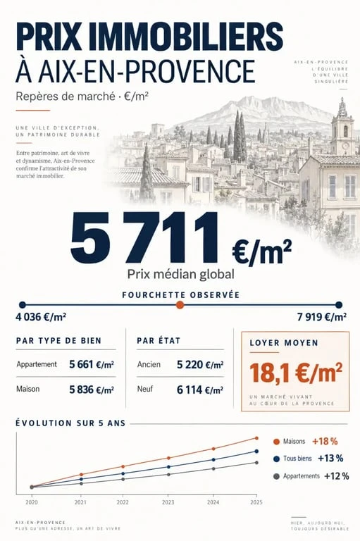 Infographie sur le prix immobilier à Aix-en-Provence au mètre carré, les appartements, les maisons, l'ancien et le neuf