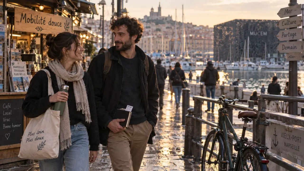Tourisme durable marseille : couple à vélo près du Vieux-Port, mobilité douce