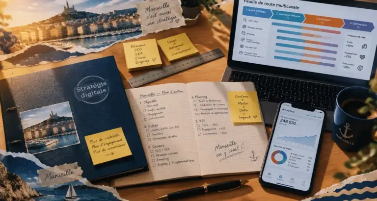 Agence stratégie digitale Marseille : livrables et stratégie multicanale sur une table de travail