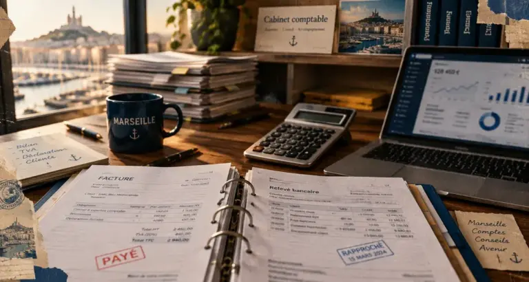 Cabinet comptable marseille, bureau comptable avec documents et calculatrice