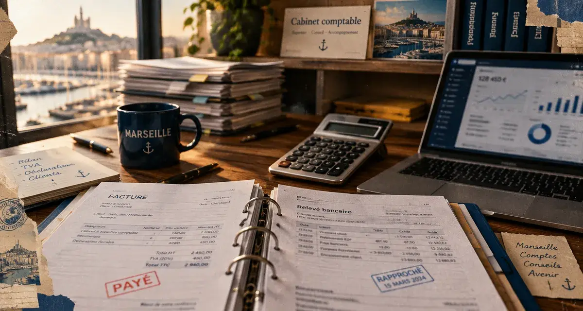 Cabinet comptable marseille, bureau comptable avec documents et calculatrice