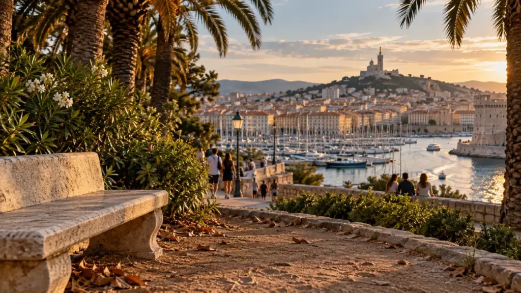 Parc à marseille : vue au Pharo, allée bordée de palmiers, Vieux-Port