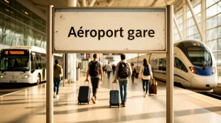 Panneau directionnel entre gare et aeroport avec voyageurs