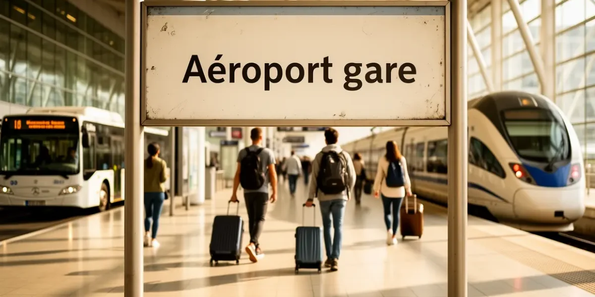 Panneau directionnel entre gare et aeroport avec voyageurs