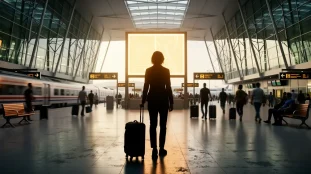 personne avec valise entre gare et aeroport