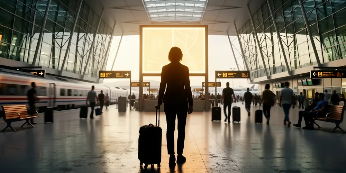 personne avec valise entre gare et aeroport