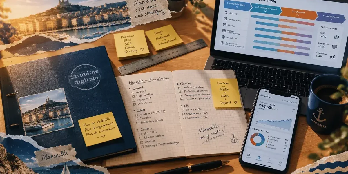 Agence stratégie digitale Marseille : livrables et stratégie multicanale sur une table de travail