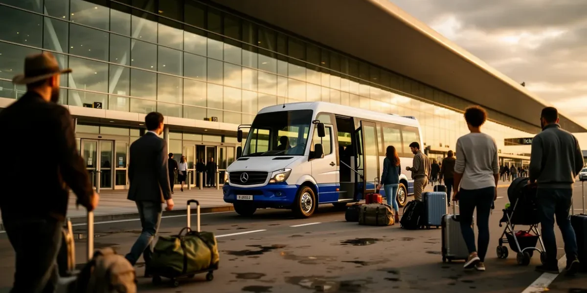 Bagages en navette devant terminal : valises, poussettes