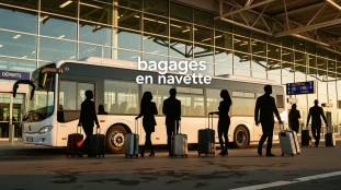 navette et passagers avec bagages devant terminal