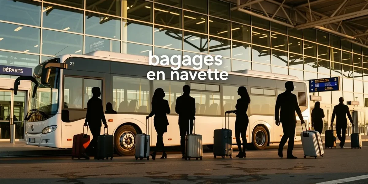 navette et passagers avec bagages devant terminal