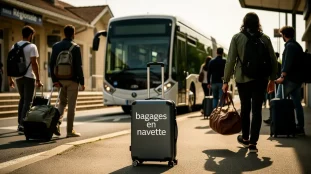 navette devant gare avec valises voyageurs budget