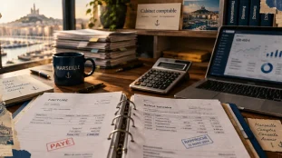 Cabinet comptable marseille, bureau comptable avec documents et calculatrice