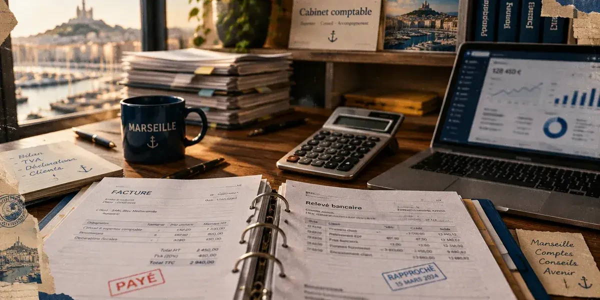 Cabinet comptable marseille, bureau comptable avec documents et calculatrice