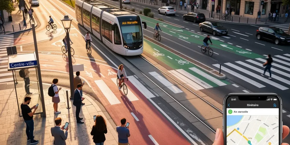 Carte moderne Aix-Marseille, usagers smartphone, tram, vélo, voiture