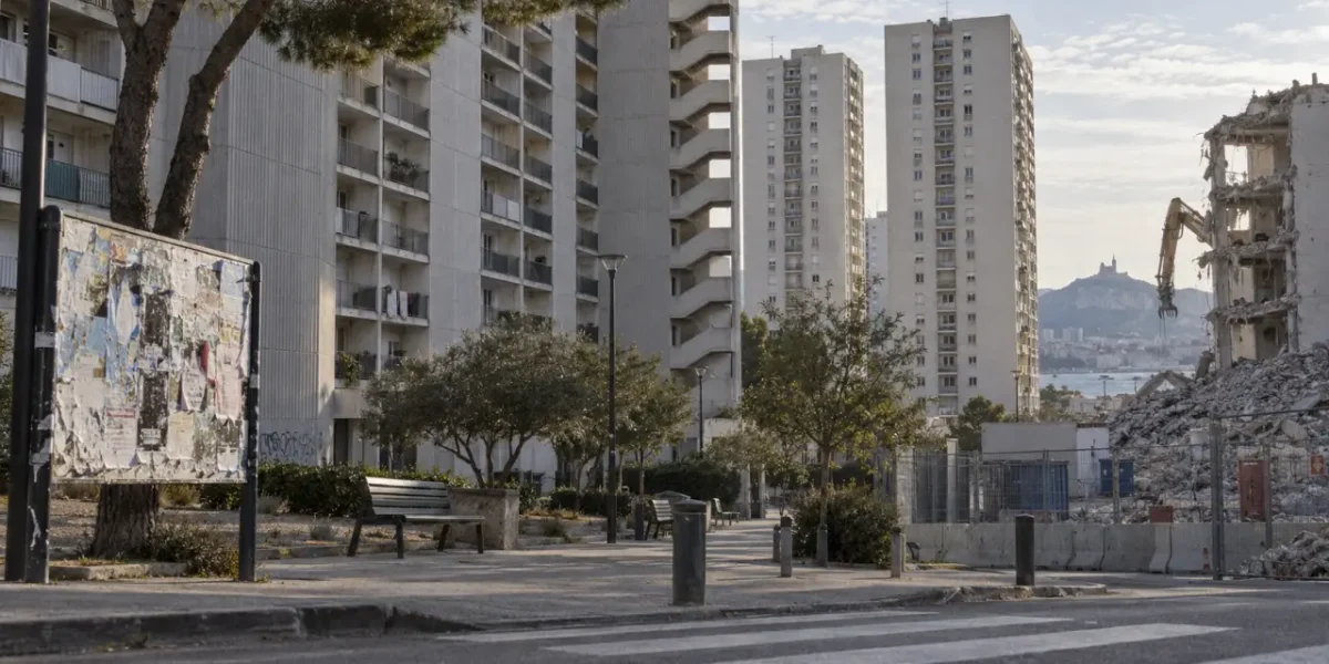 Cité La Castellane Marseille, tours HLM béton et passage piéton