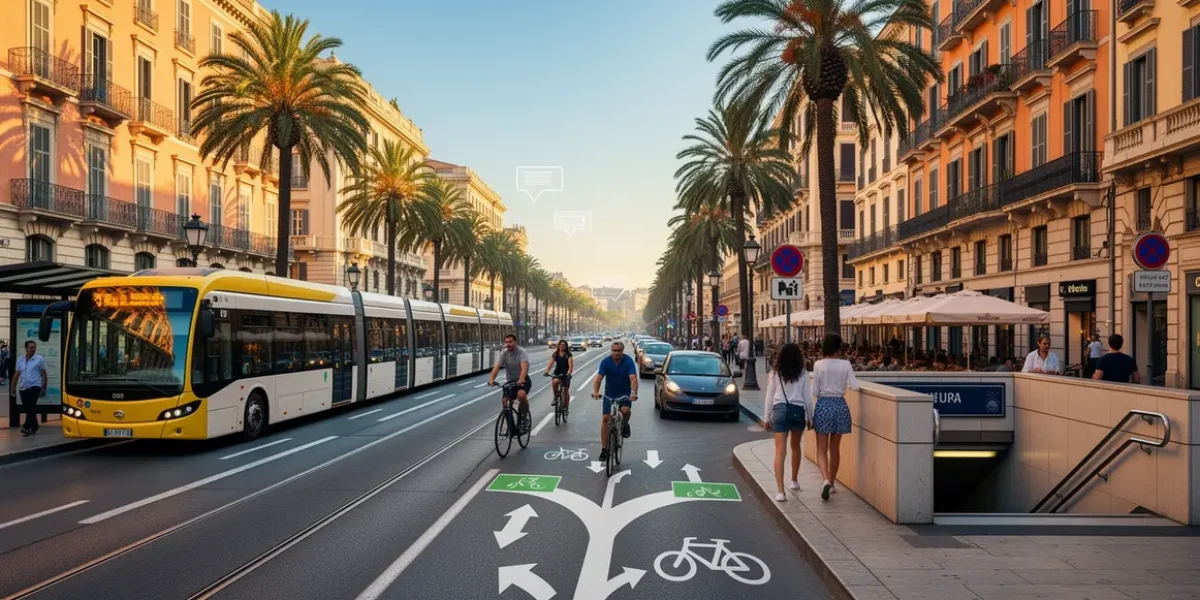 vue ville mediterraneenne avec transports locaux bus tram metro velo