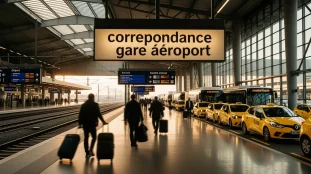 Gare et aeroport relies, taxis et navettes visibles