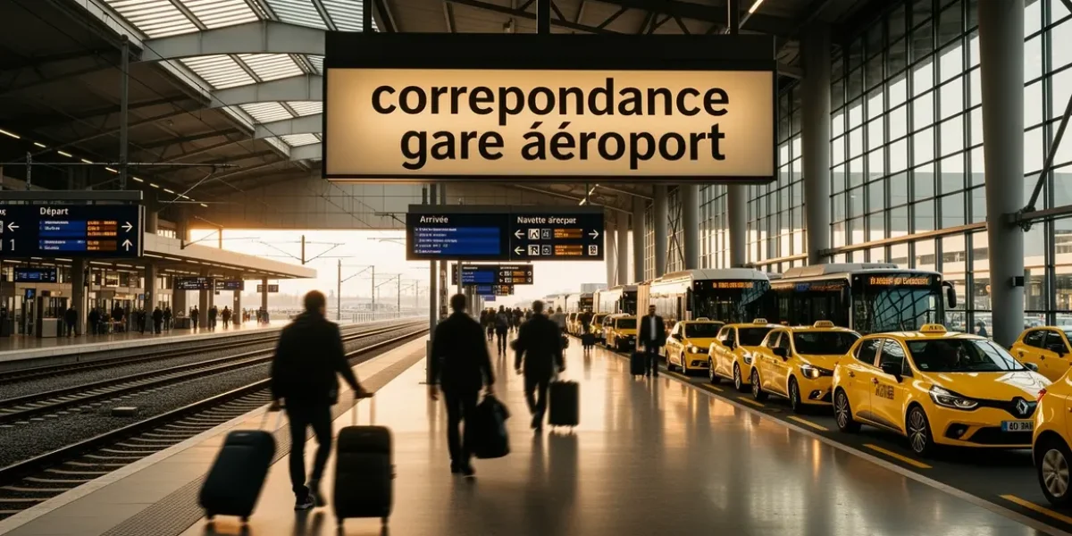Gare et aeroport relies, taxis et navettes visibles