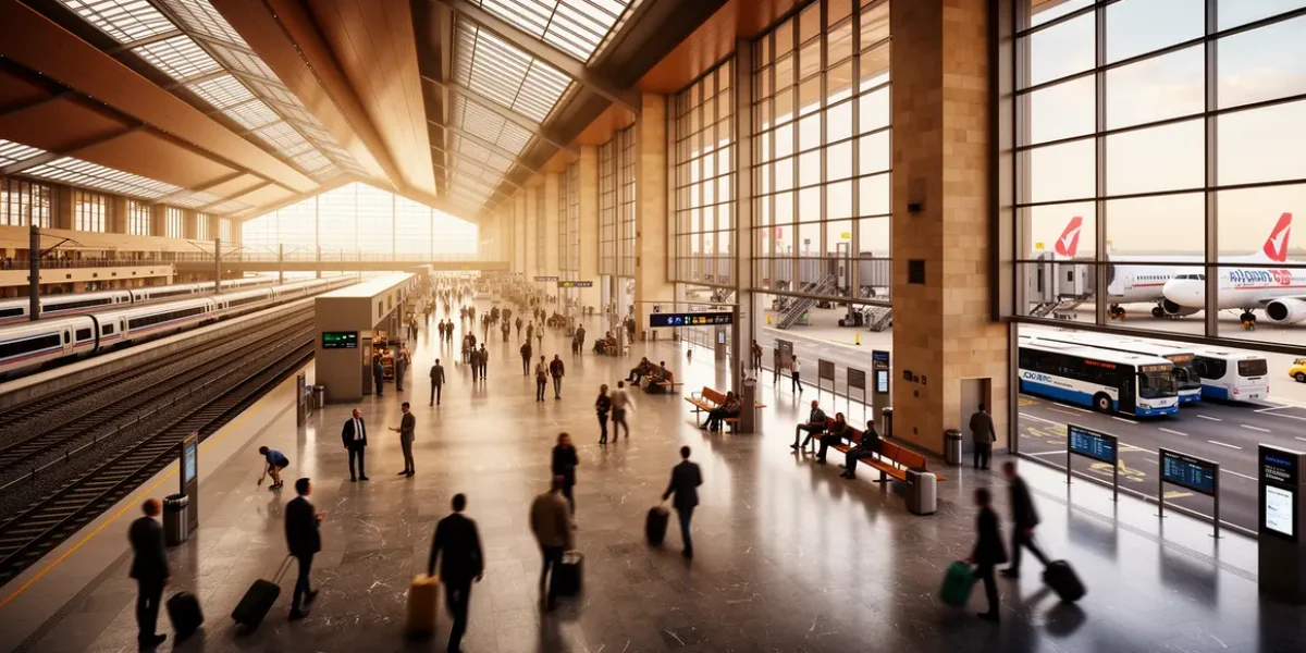 hall de correspondance gare aeroport avec bus trains valises