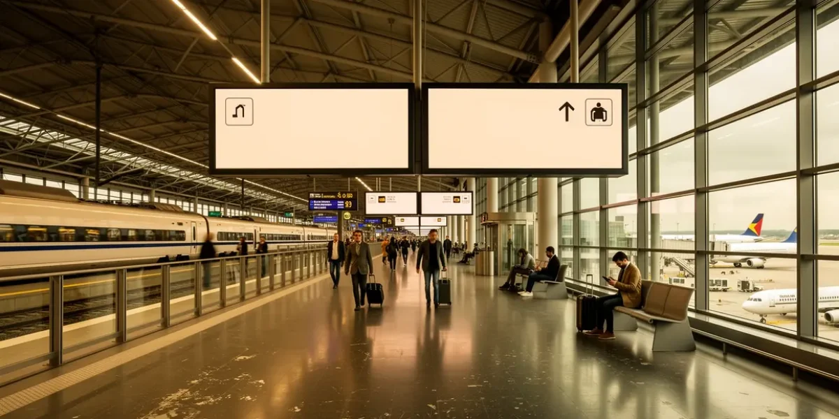 Vue panoramique gare aeroport trains avions correspondance