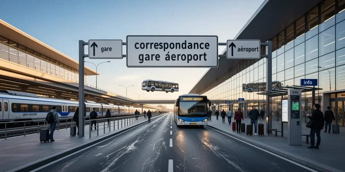 correspondance gare aeroport vue navette bus train signaletique