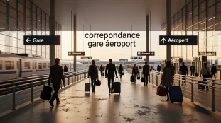 Image stylisée de correspondance gare aéroport avec panneaux directionnels et bagages
