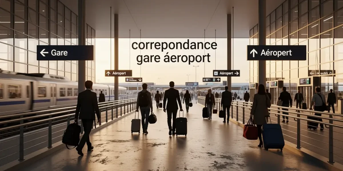 Image stylisée de correspondance gare aéroport avec panneaux directionnels et bagages