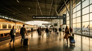 correspondance gare aéroport : vue moderne trains avions voyageurs