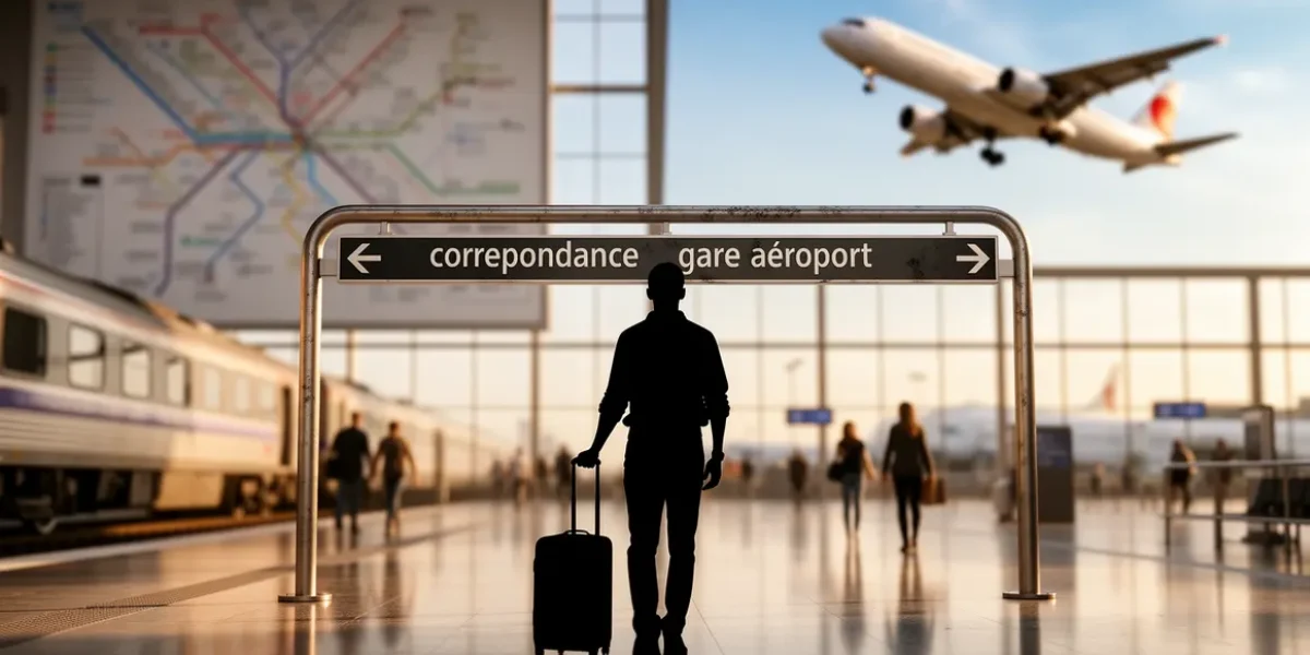 correspondance gare aéroport silhouette valise plan metro avion