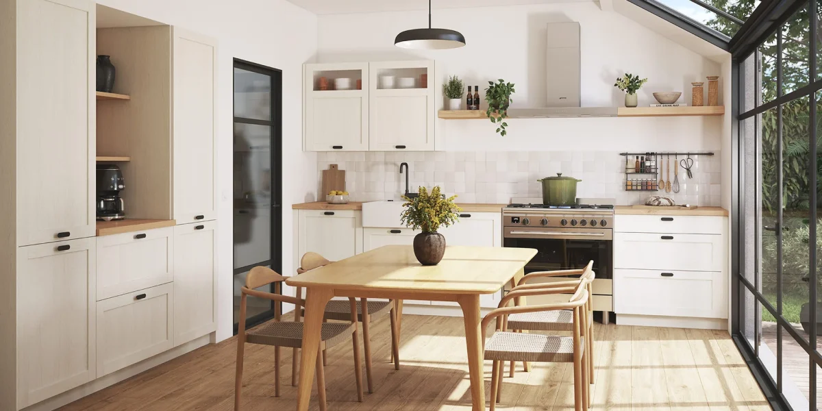 Cuisine sur mesure Rosemont bois blanc en L, Cuisine Plus