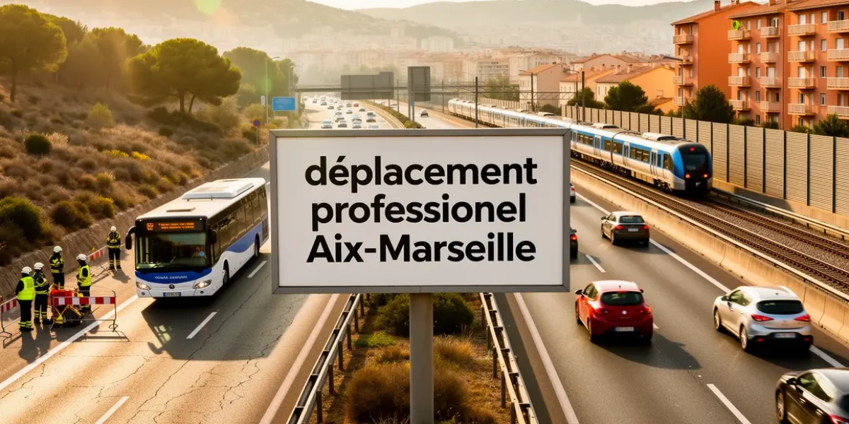 Vue autoroute Aix Marseille avec silhouettes professionnels voiture bus train