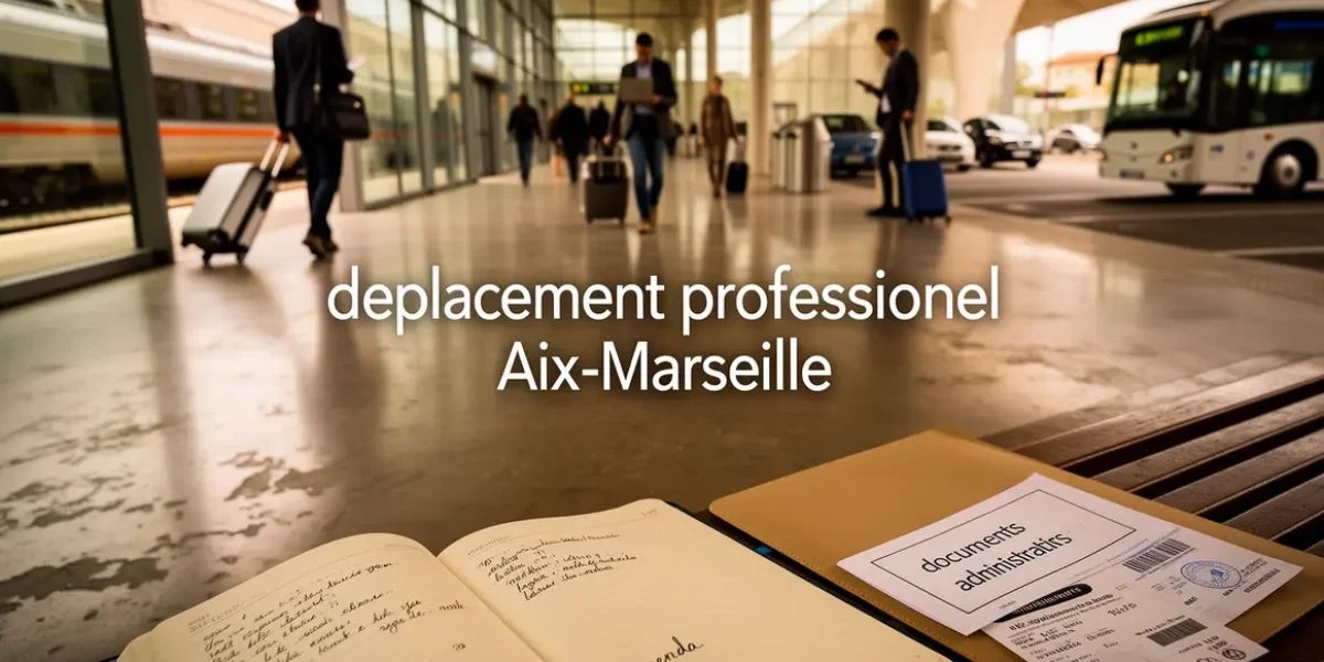 Visuel d'une gare Aix-Marseille avec pros, valises et modes de transport