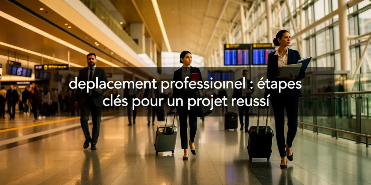 Gare panoramique avec professionnels et valises illustrant un deplacement professionnel reussi