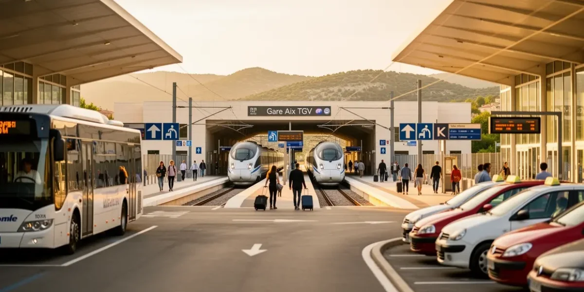 Photo realiste gare Aix TGV 2026 avec TGV, bus et Provence