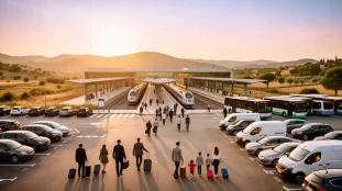 Vue réaliste gare Aix TGV campagne, parkings, bus, voyageurs
