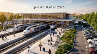 Vue moderne de la gare Aix TGV avec parkings et voyageurs