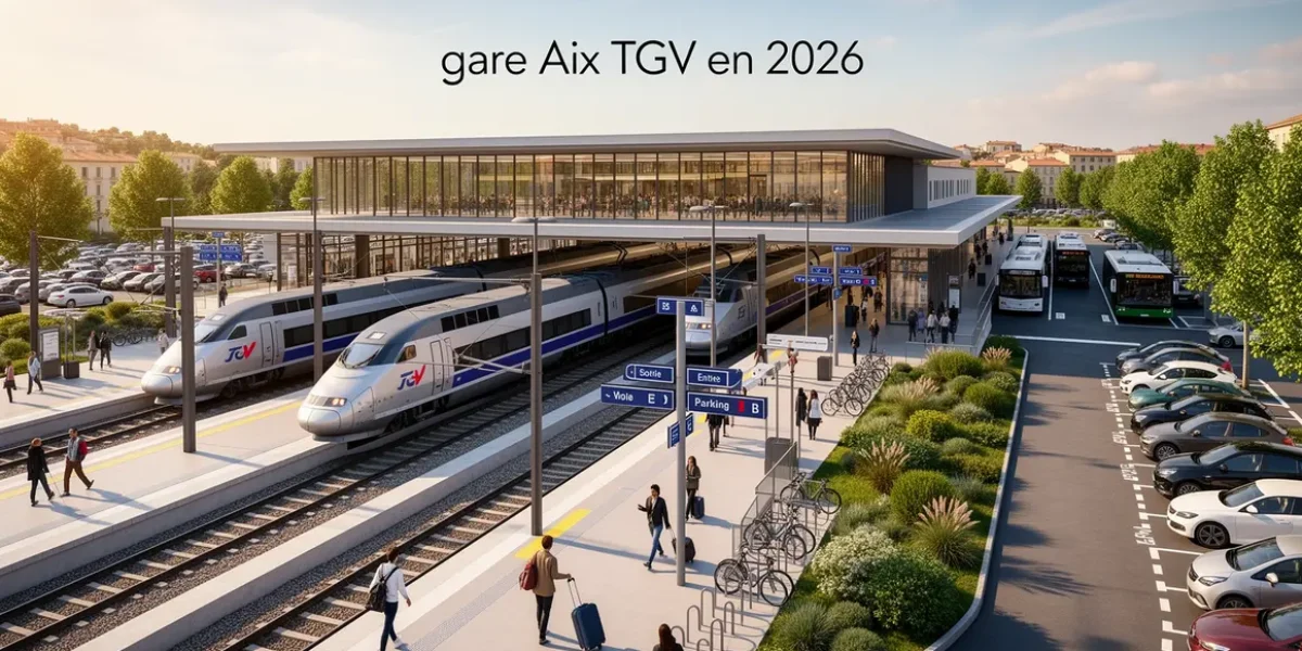 Vue moderne de la gare Aix TGV avec parkings et voyageurs