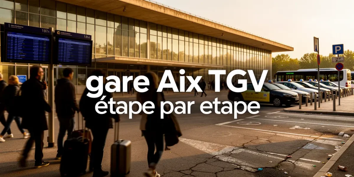 Vue de la gare Aix TGV avec voyageurs, navette et parking